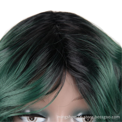Short Wave Green Wig Female Mixed Red Premium Synthetic Hair Wig Cosplay Party